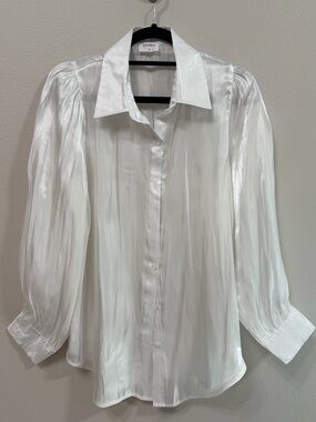 Storia White Shimmer Button-Up Blouse with Puff Sleeves Size Small